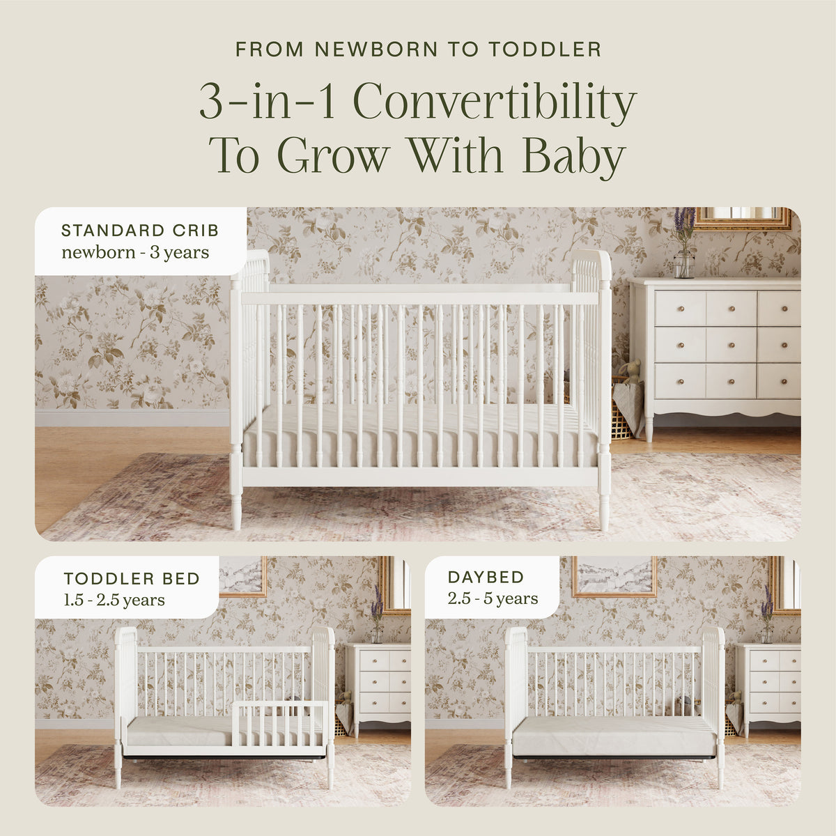 Liberty 3-in-1 Convertible Spindle Crib with Toddler Bed Conversion Kit in Warm White