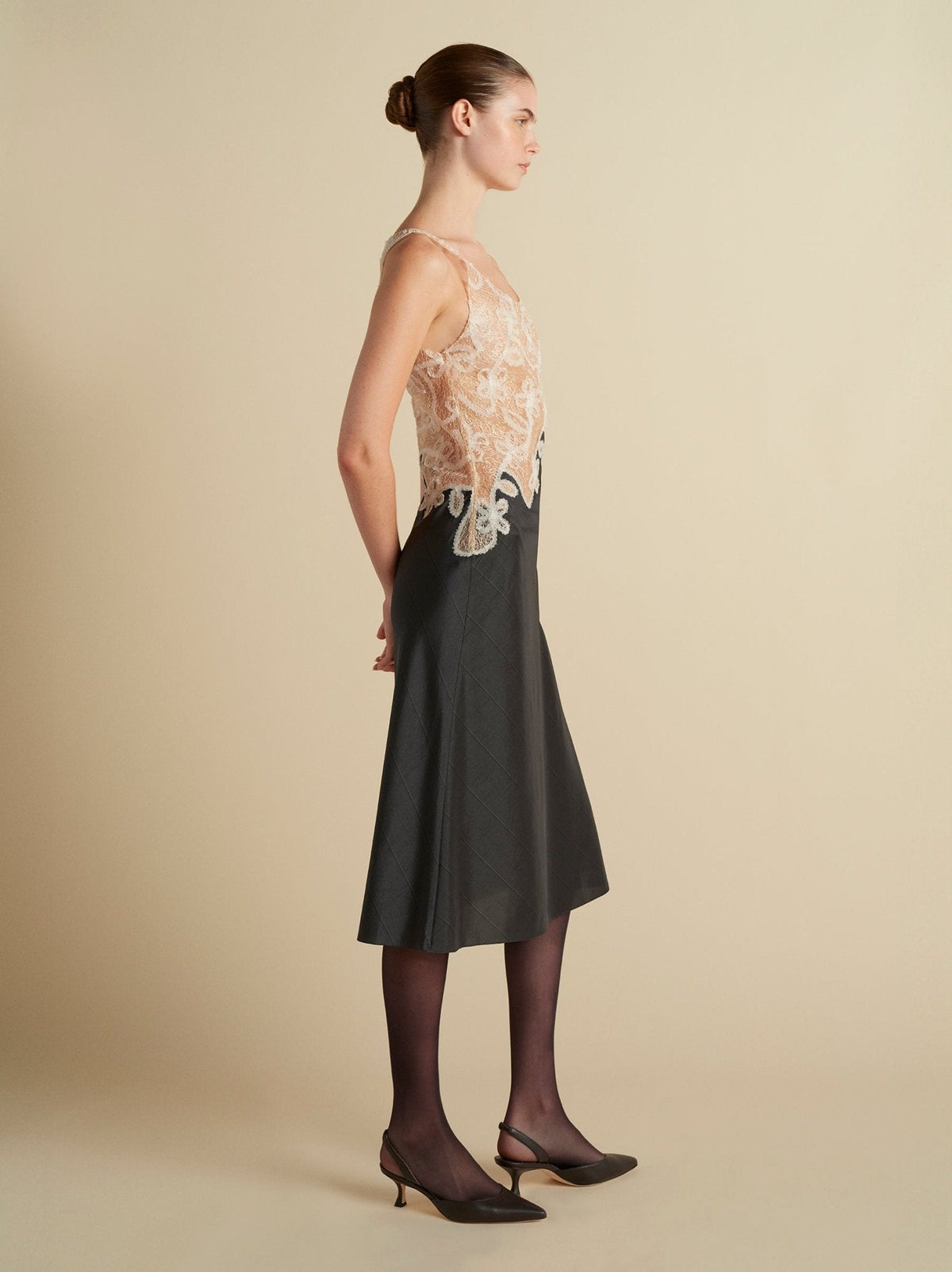 Pinstripe Dress with Lace Encrustation - Marina Moscone