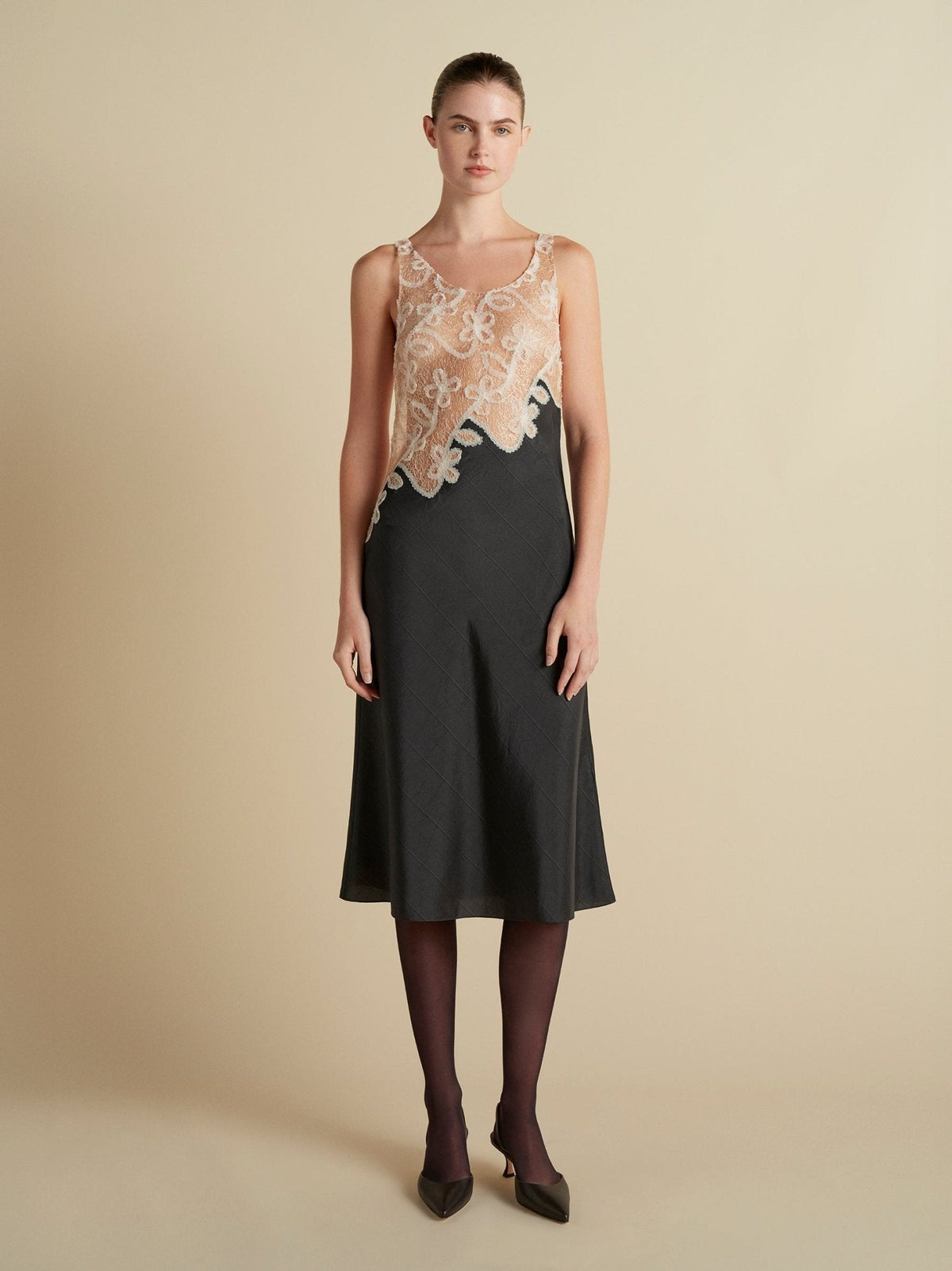 Pinstripe Dress with Lace Encrustation - Marina Moscone