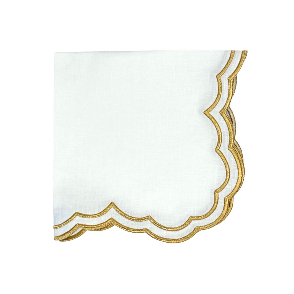 Premium Luxury Linen napkin in white with gold embroidery and scalloped.
