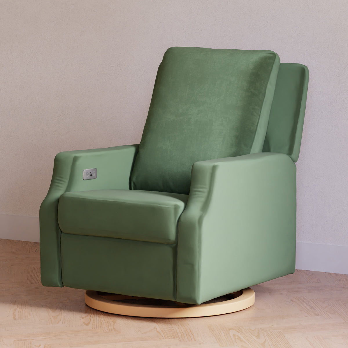 Crewe Electronic Recliner and Swivel Glider in Forest Green Velvet with Light Wood Base