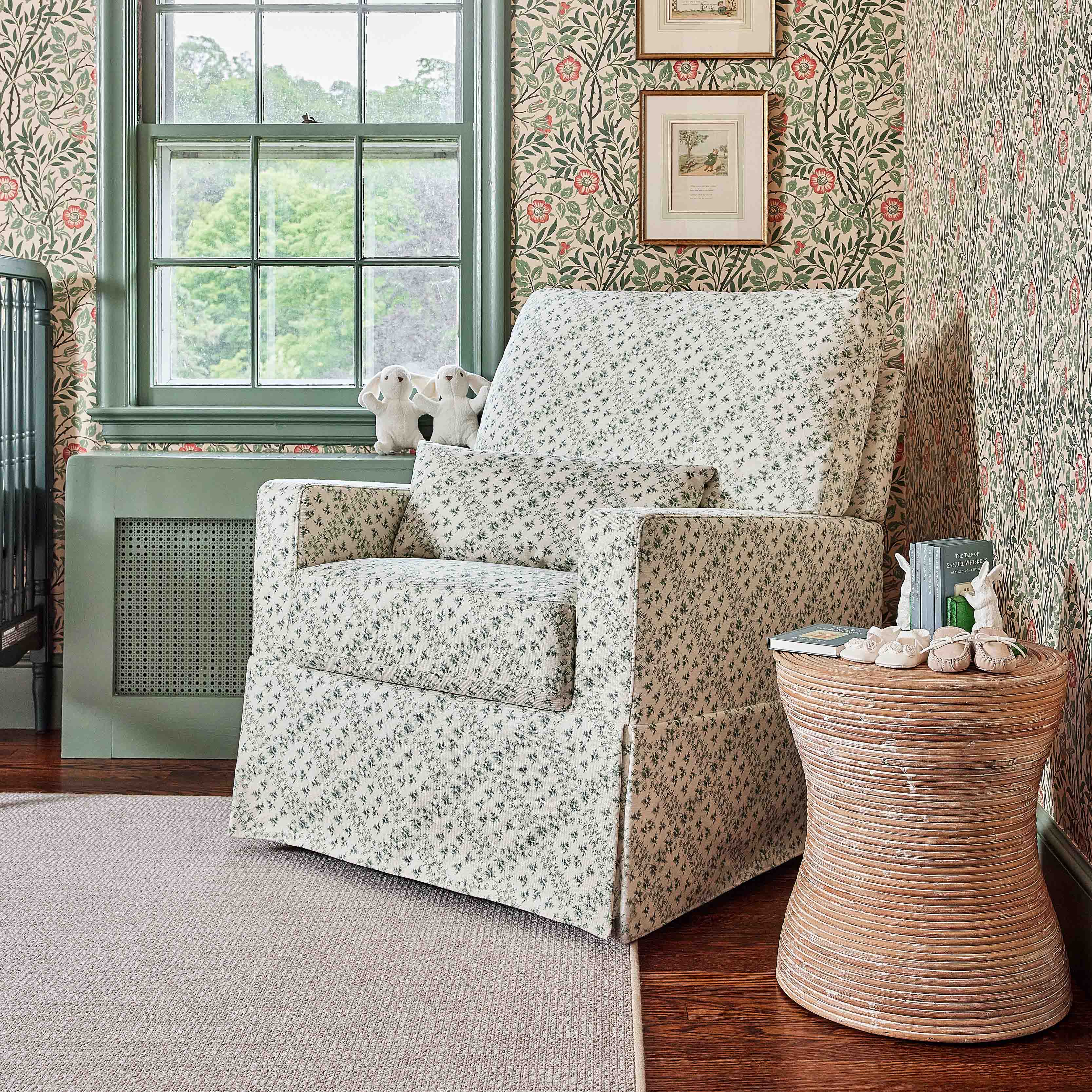Sarah Flint x Namesake Crawford Swivel Glider in Eco-Performance Fabric | Water Repellent & Stain Resistant in Green Lattice Performance Eco-Weave