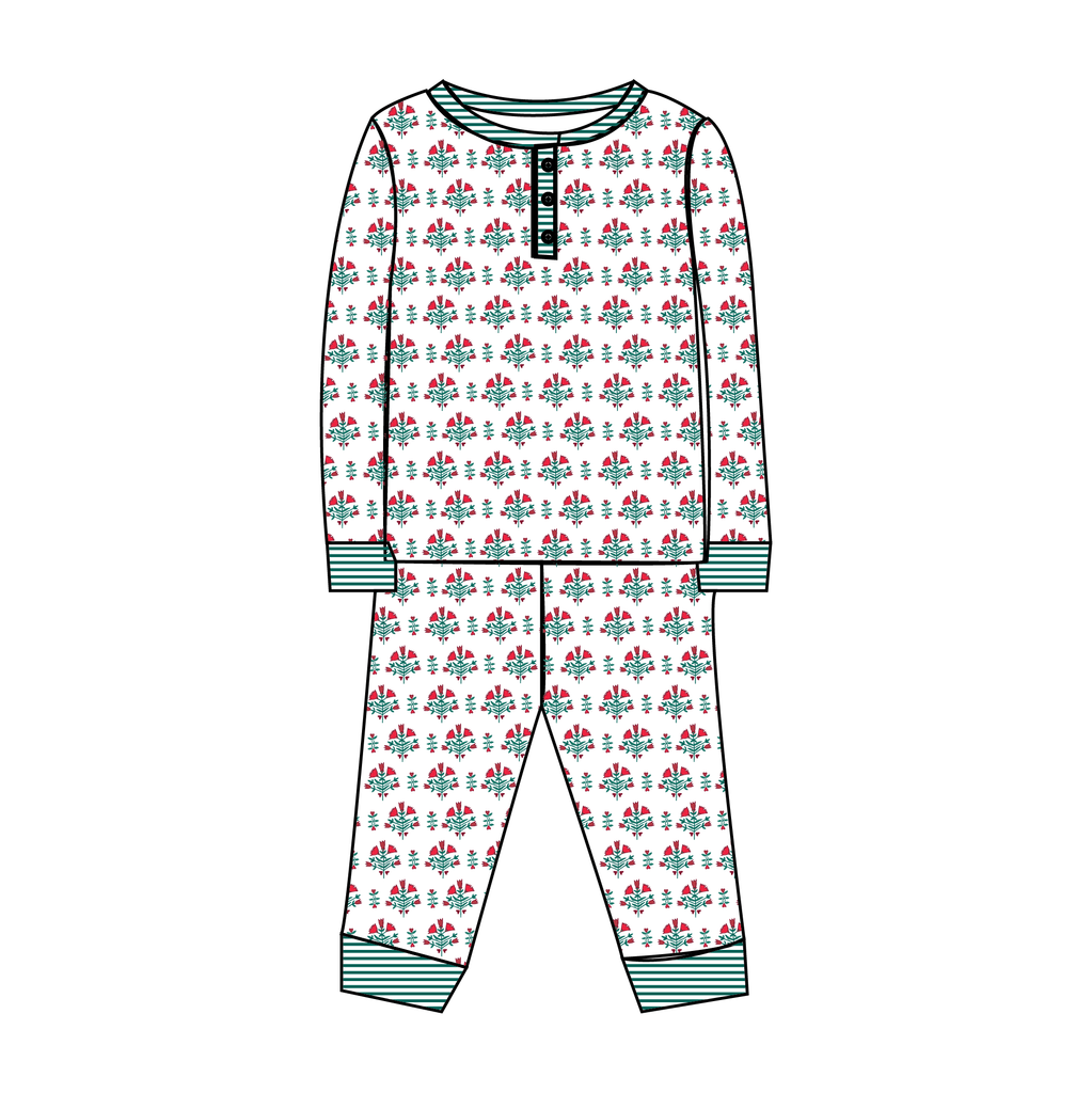 Poinsettia Block Print Two-Piece Kids Henley Pajamas