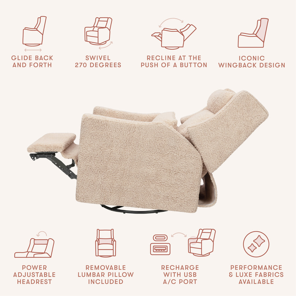 Kiwi Plus Power Recliner and Swivel Glider with Power Adjustable Headrest and USB Port in Chai Shearling