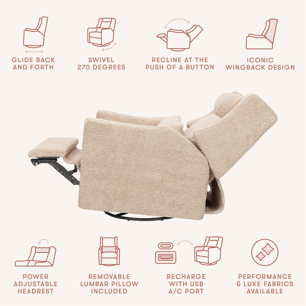 Kiwi Plus Power Recliner and Swivel Glider with Power Adjustable Headrest and USB Port in Chai Shearling