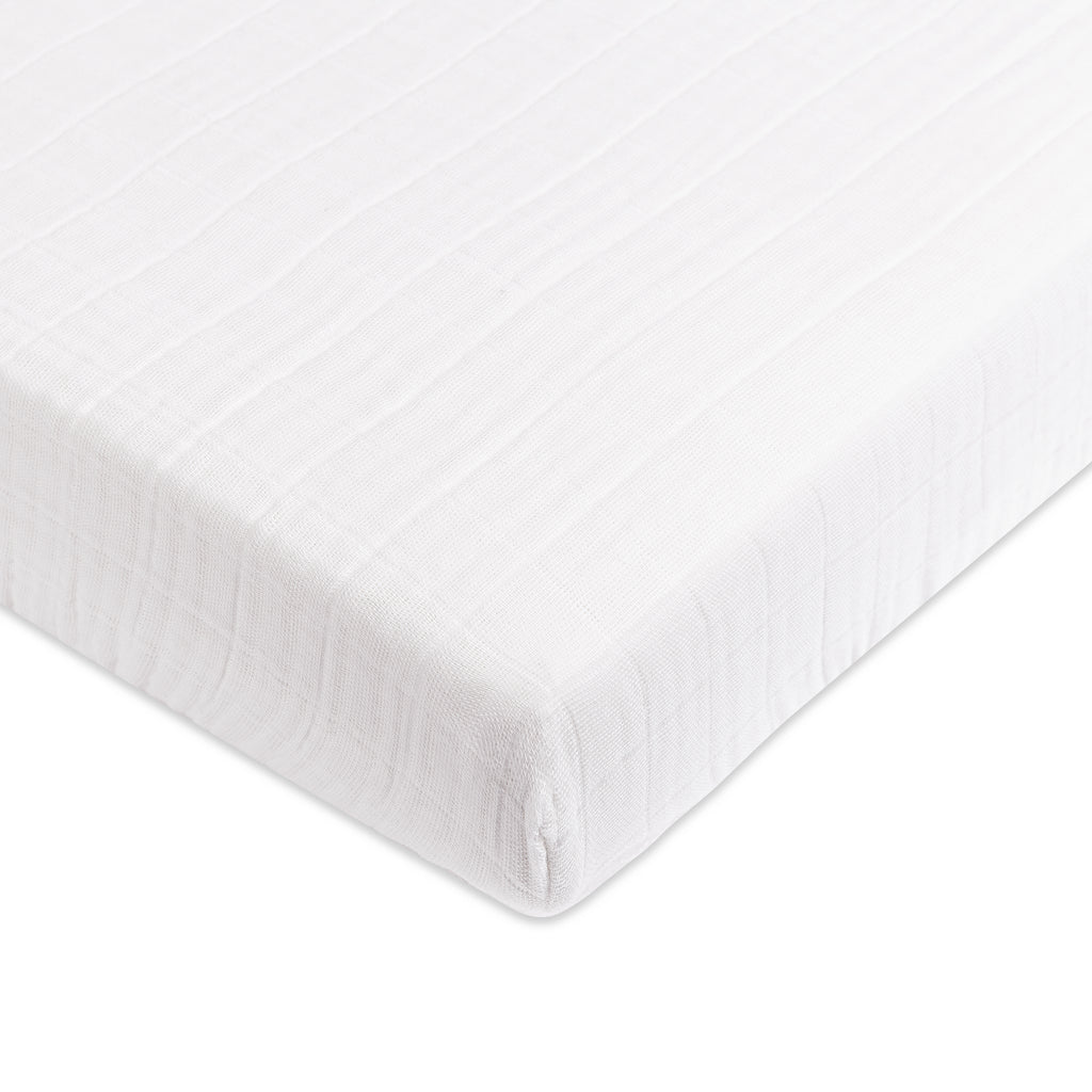 Mini Crib Sheet in GOTS Certified Organic Muslin Cotton in White