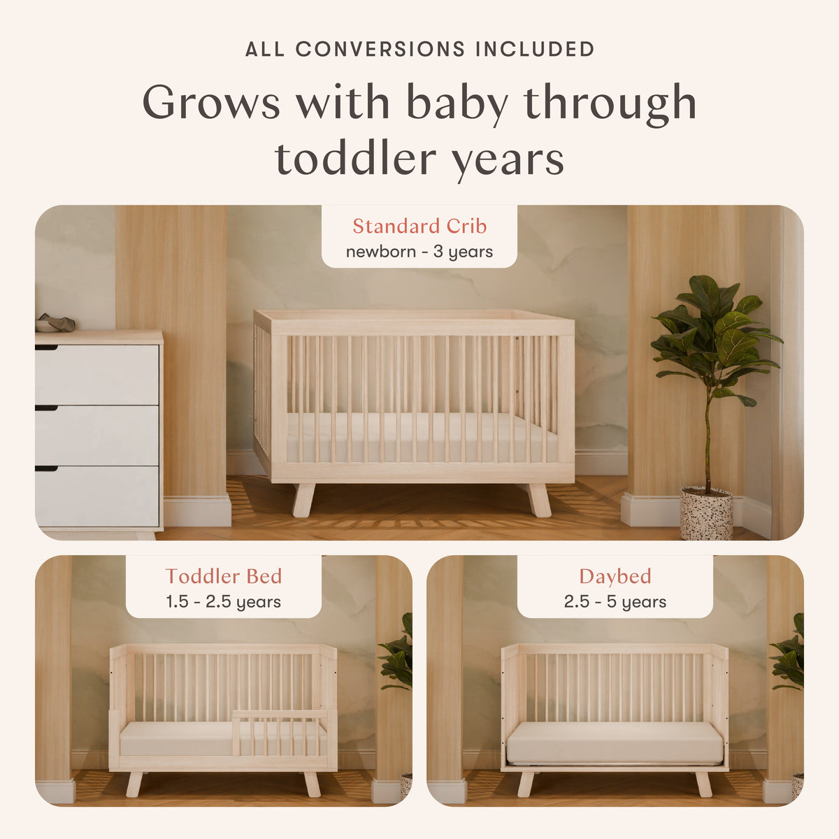 Hudson 3-in-1 Convertible Crib with Toddler Bed Conversion Kit in Washed Natural