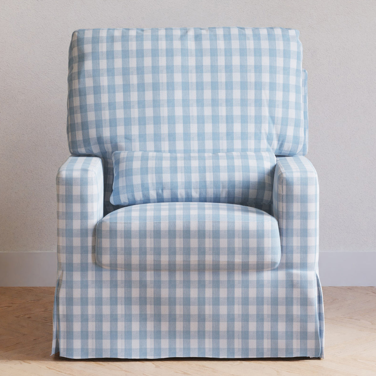 Crawford Pillowback Comfort Swivel Glider in Blue Gingham