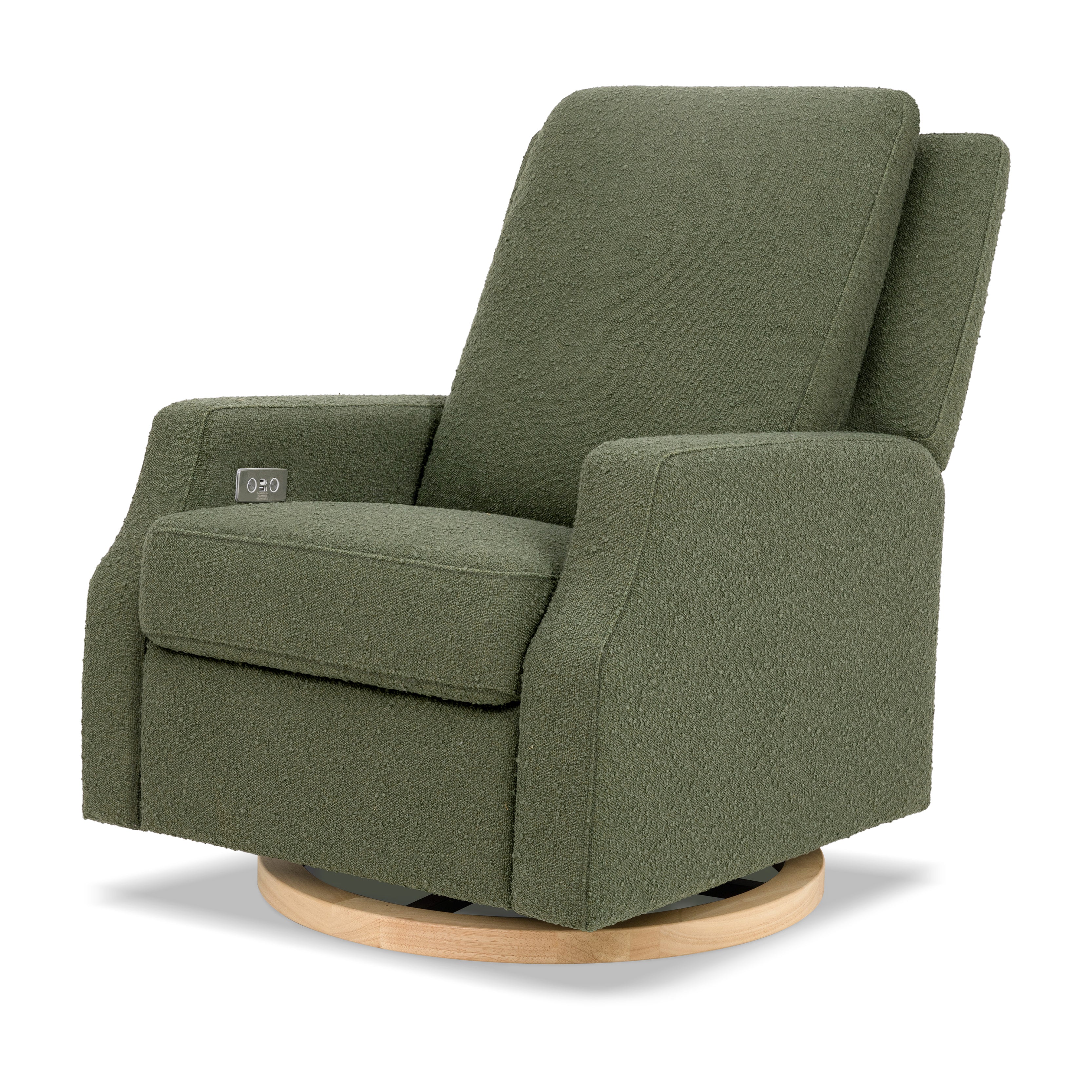 Crewe Electronic Recliner and Swivel Glider in Olive Boucle with Light Wood Base