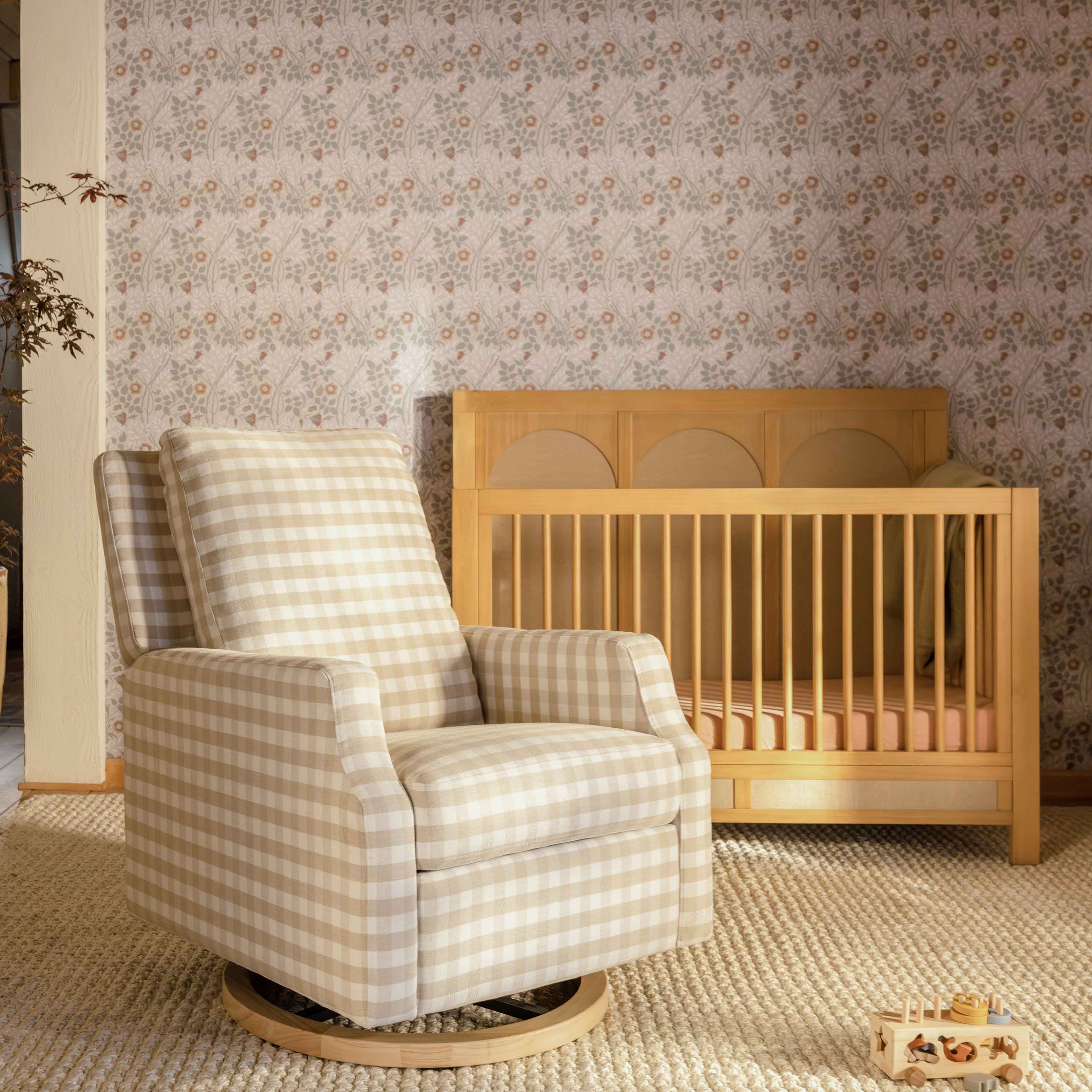 Crewe Electronic Recliner and Swivel Glider in Tan Gingham with Light Wood Base