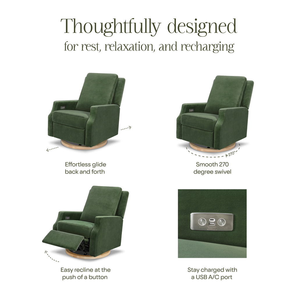 Crewe Electronic Recliner and Swivel Glider in Forest Green Velvet with Light Wood Base