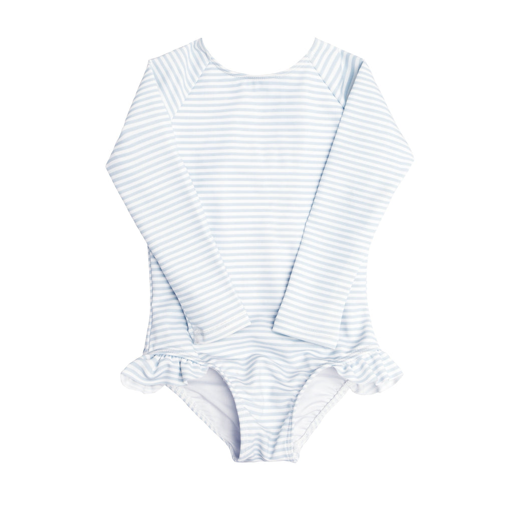 Girls Rashguard One-Piece in Powder Blue Stripe