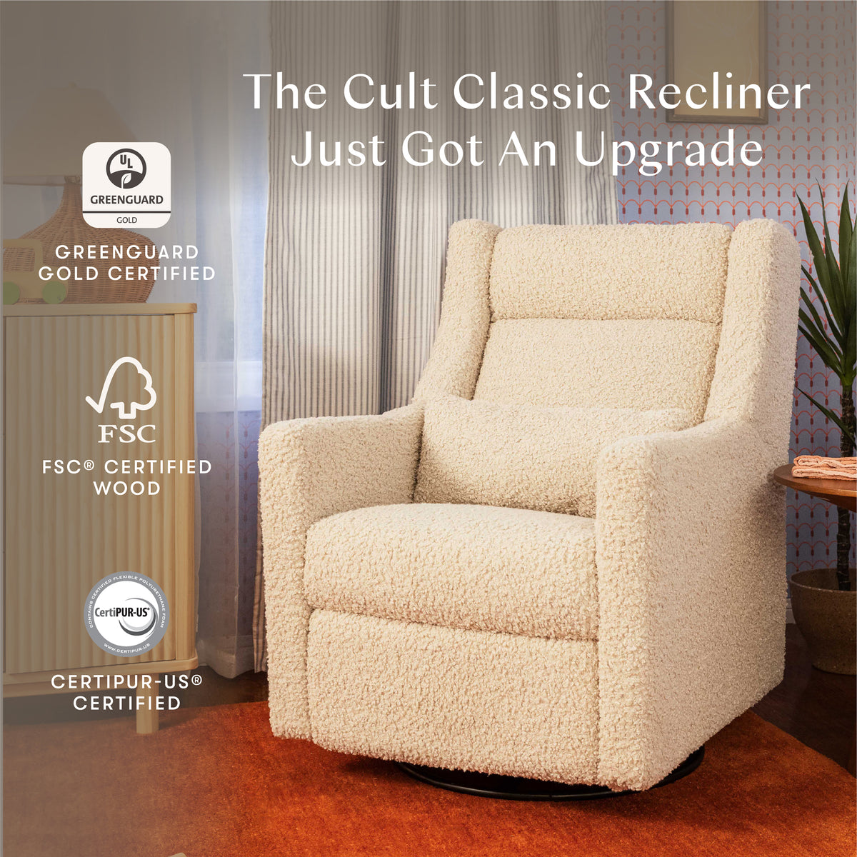 Kiwi Plus Power Recliner and Swivel Glider with Power Adjustable Headrest and USB Port in Almond Teddy Loop