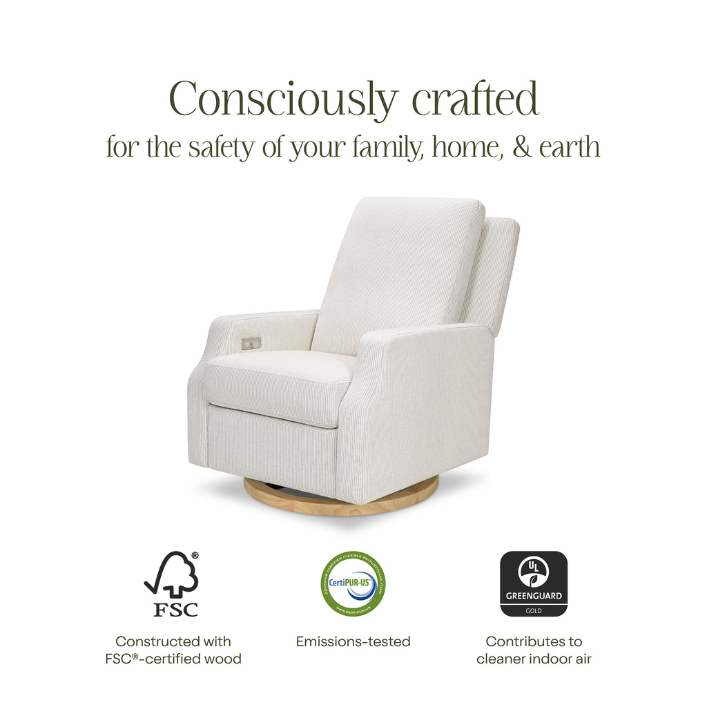 Crewe Electronic Recliner and Swivel Glider in Fog Chatham Stripe Performance Eco-Weave with Light Wood Base