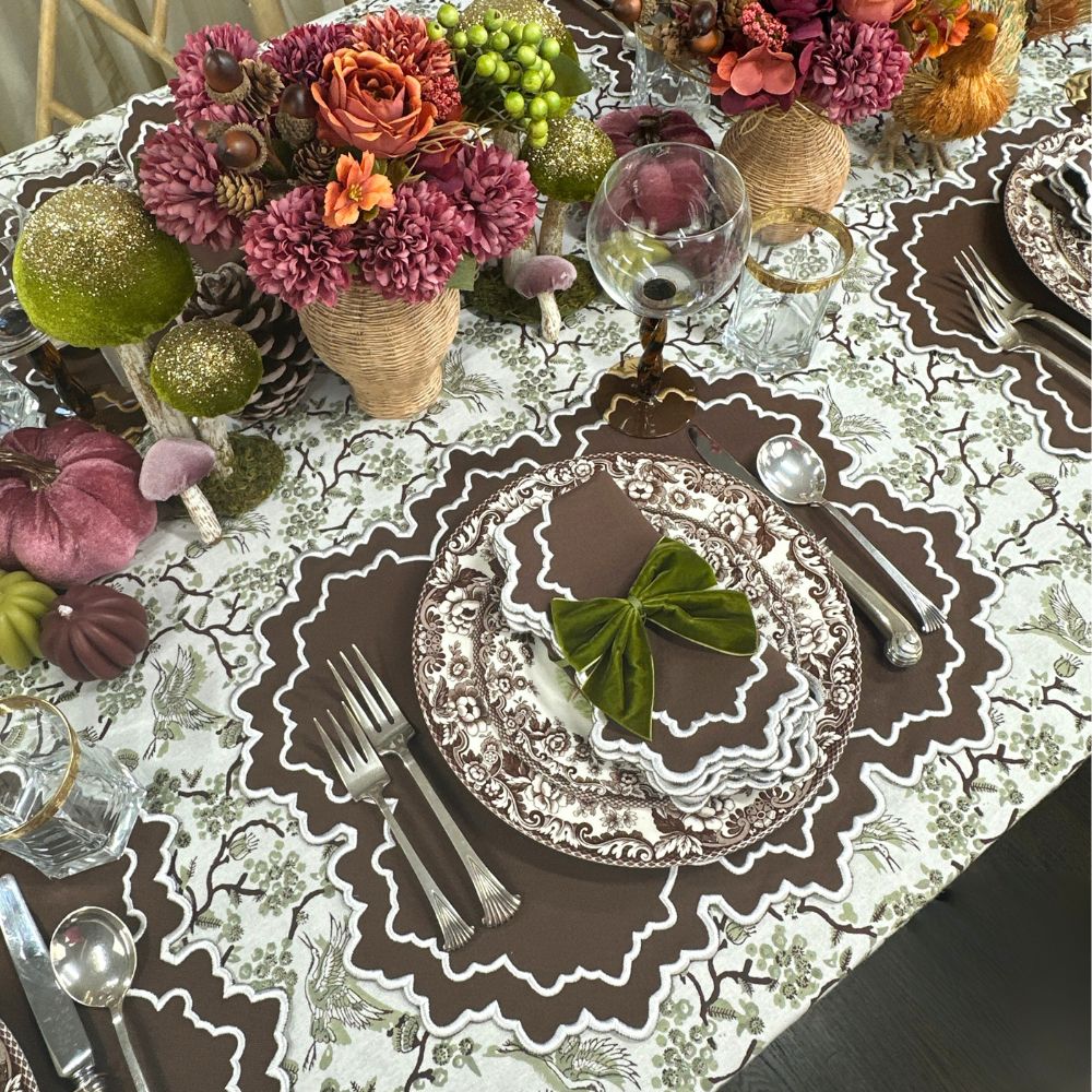 brown placemats, brown napkins, embroidered placemats, embroidered napkins, green and white tablecloth, luxury fall table linens