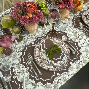 brown placemats, brown napkins, embroidered placemats, embroidered napkins, green and white tablecloth, luxury fall table linens
