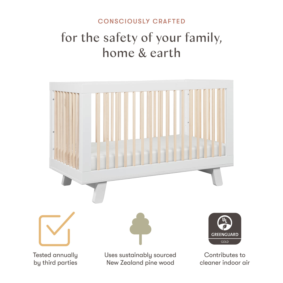Hudson 3-in-1 Convertible Crib with Toddler Bed Conversion Kit in White & Washed Natural