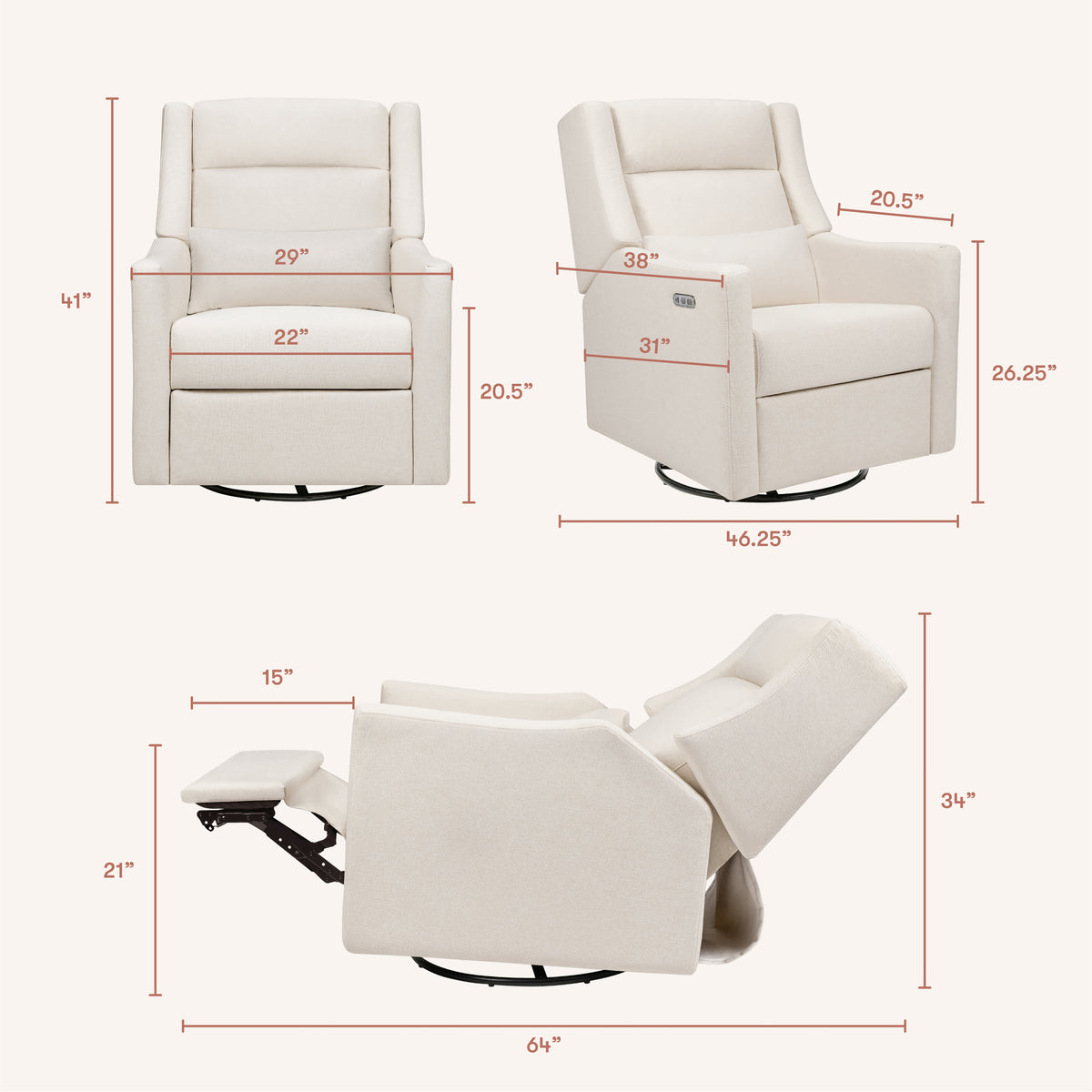 Kiwi Plus Power Recliner and Swivel Glider with Power Adjustable Headrest and USB Port in Performance Cream Eco-Weave