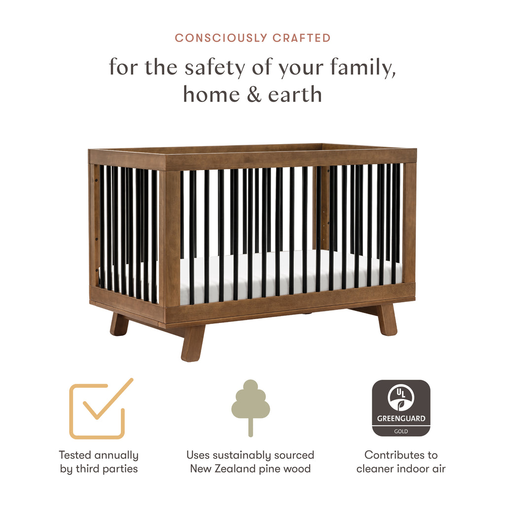 Hudson 3-in-1 Convertible Crib with Toddler Bed Conversion Kit in Natural Walnut&Black