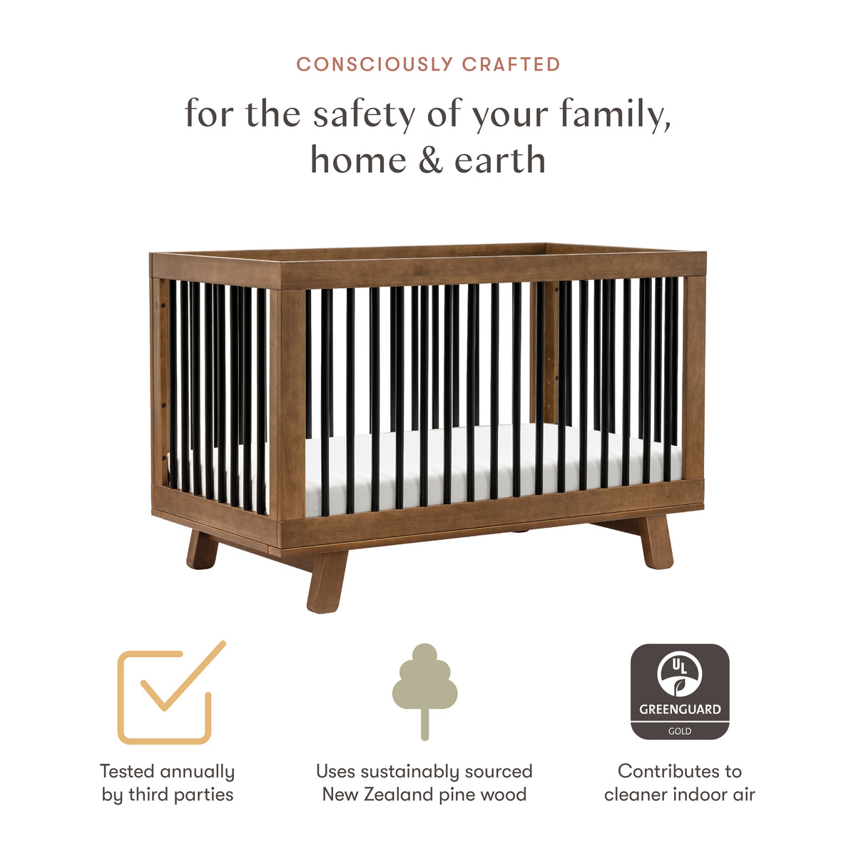 Hudson 3-in-1 Convertible Crib with Toddler Bed Conversion Kit in Natural Walnut&Black