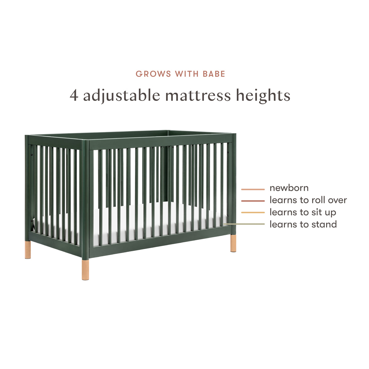 Gelato 4-in-1 Convertible Crib with Toddler Bed Conversion Kit in Forest Green with Vegan Blonde Leather Feet