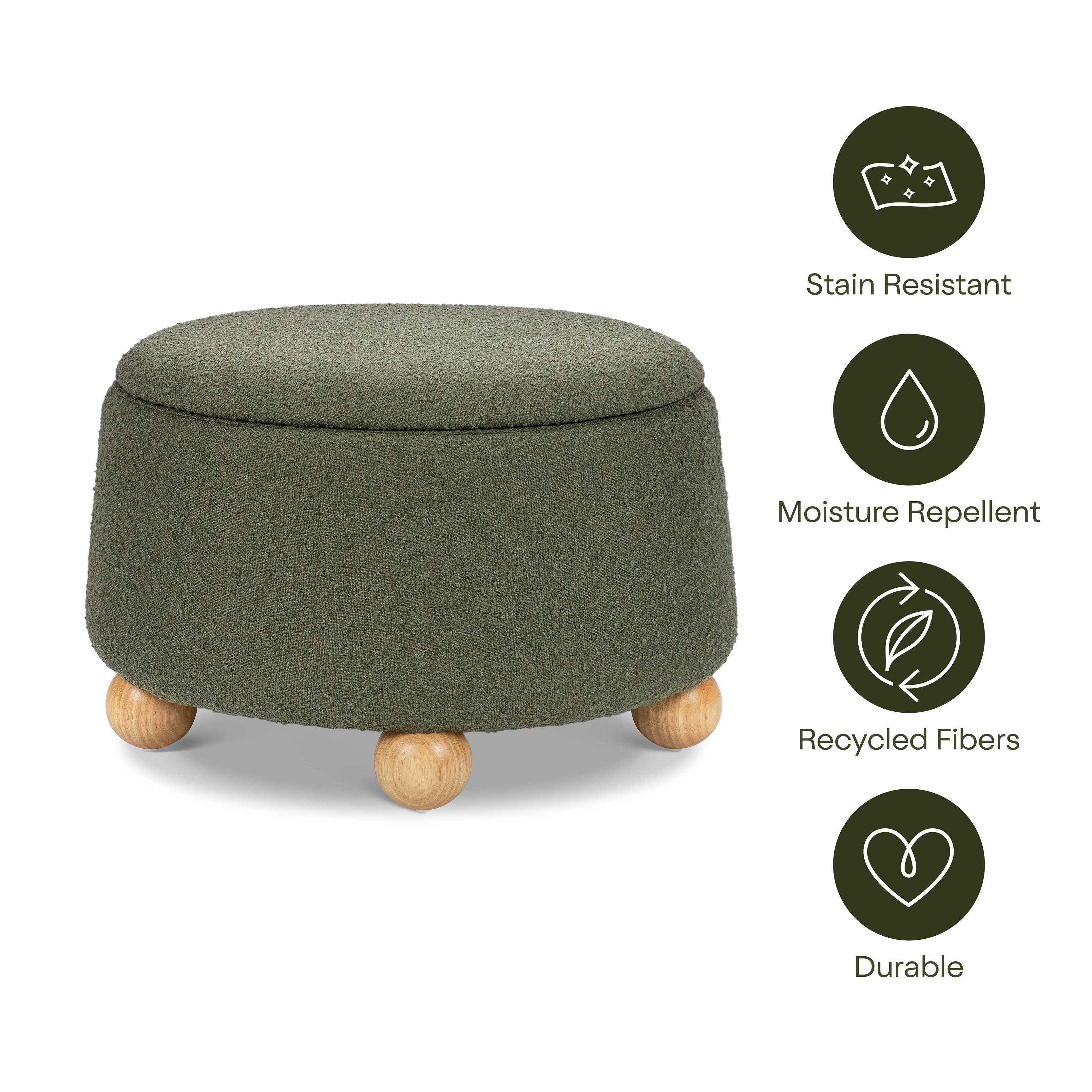 Tuffet Storage Ottoman in Performance Olive Boucle with Honey Ball Feet