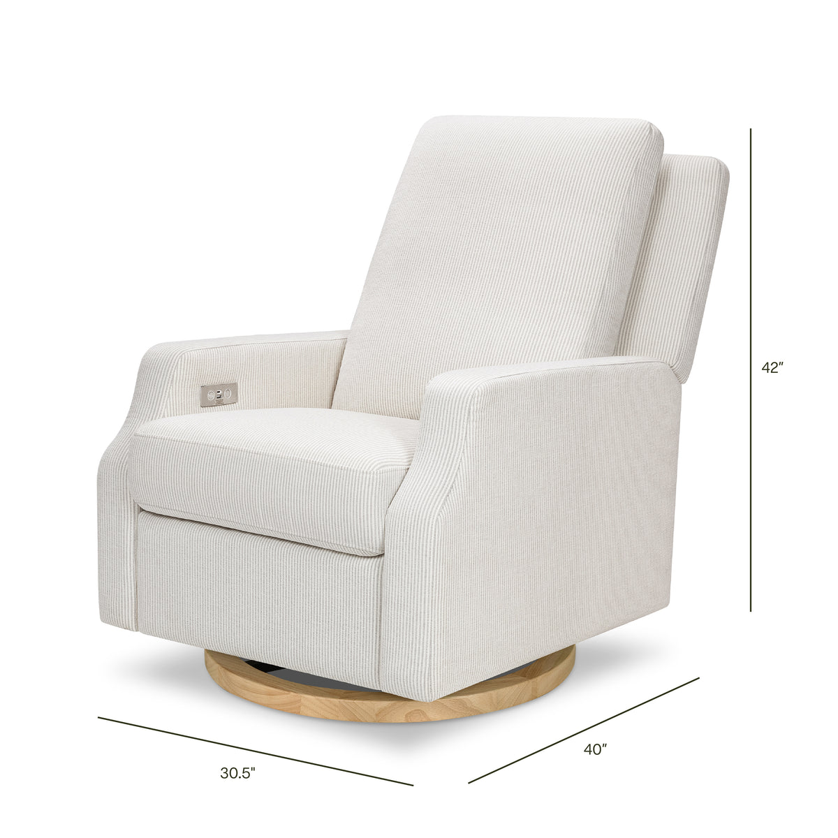 Crewe Electronic Recliner and Swivel Glider in Fog Chatham Stripe Performance Eco-Weave with Light Wood Base