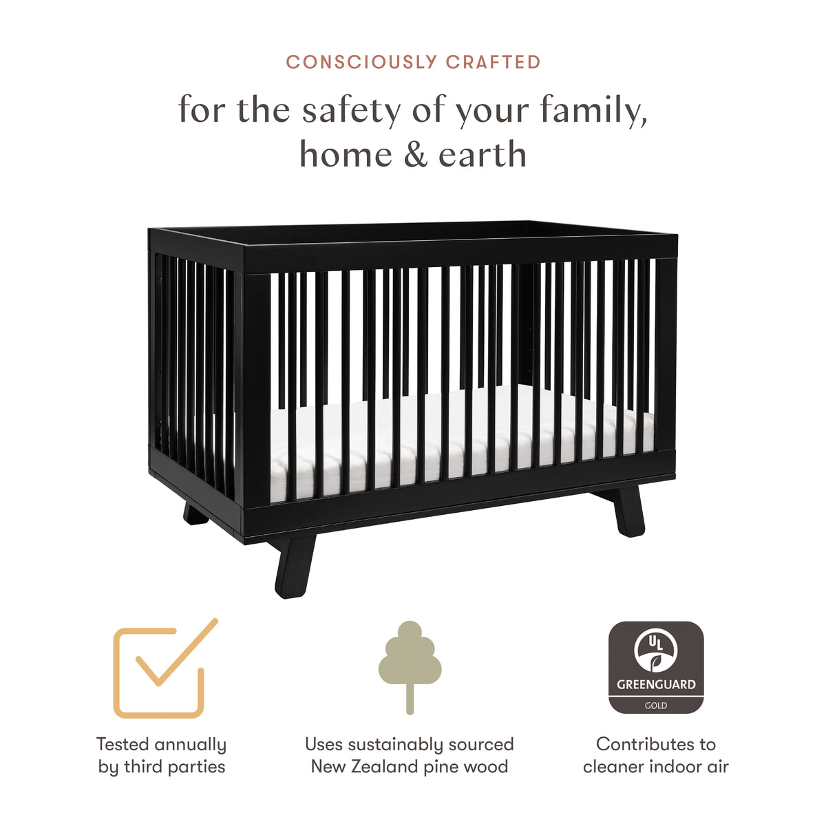 Hudson 3-in-1 Convertible Crib with Toddler Bed Conversion Kit in Black