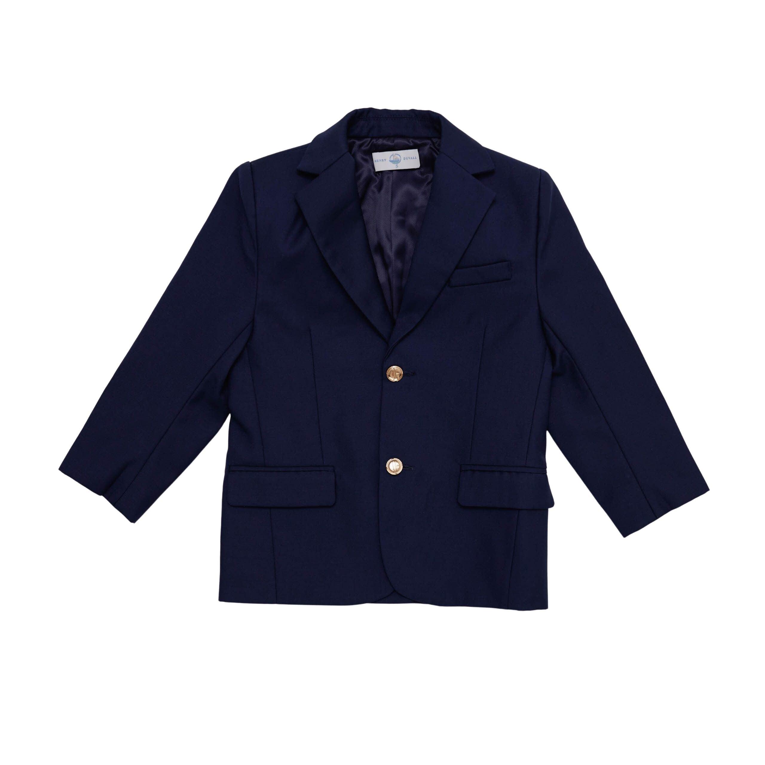 Henry Duvall Wentworth Blazer for boys in classic navy with gold HD branded buttons, timeless children’s holiday blazer for church, portraits, and special occasions