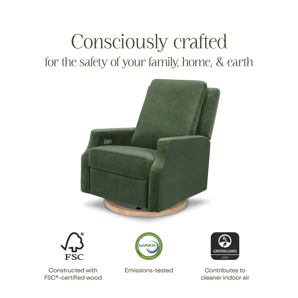Crewe Electronic Recliner and Swivel Glider in Forest Green Velvet with Light Wood Base