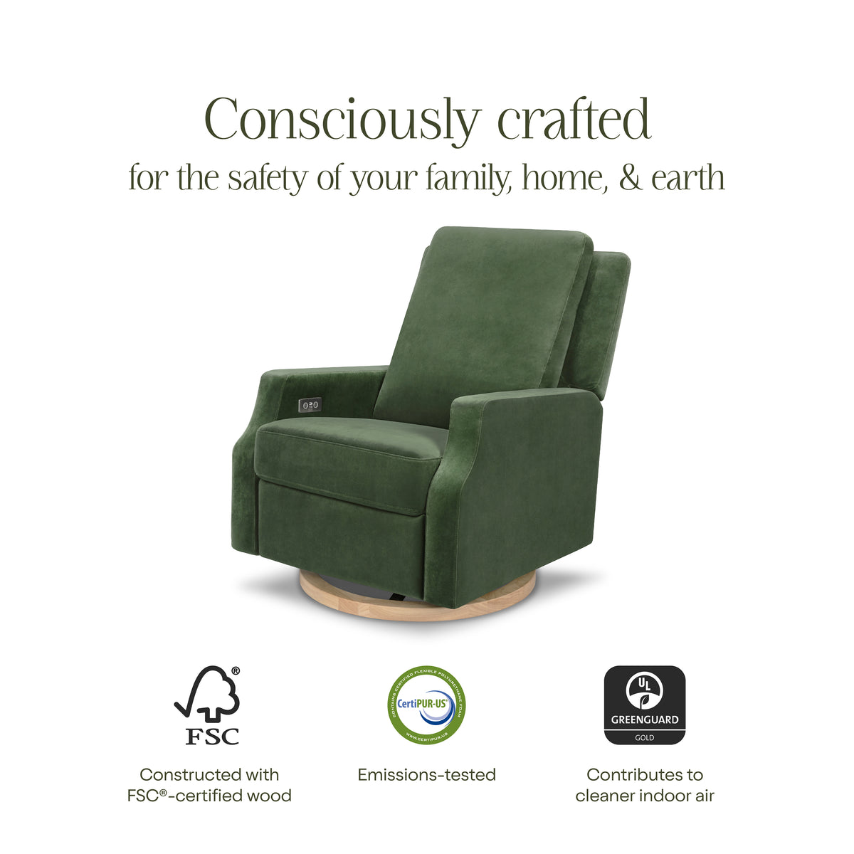 Crewe Electronic Recliner and Swivel Glider in Forest Green Velvet with Light Wood Base