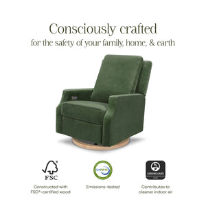 Crewe Electronic Recliner and Swivel Glider in Forest Green Velvet with Light Wood Base