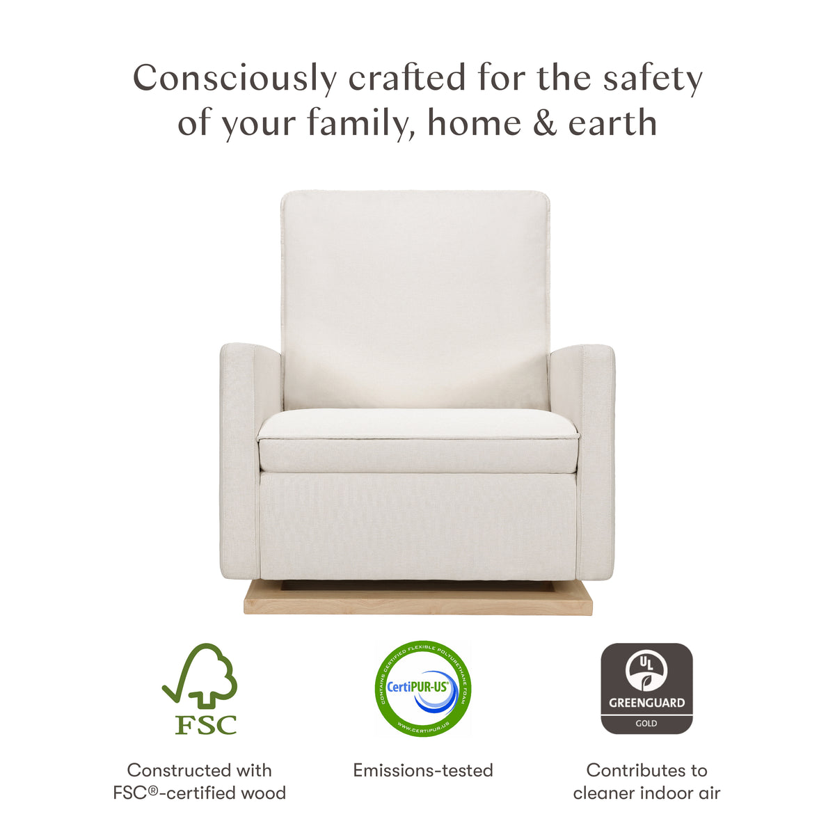 Cali Pillowback Chair and a Half Glider in Eco-Performance Fabric | Water Repellent & Stain Resistant in Performance Cream Eco-Weave with Light Wood Base