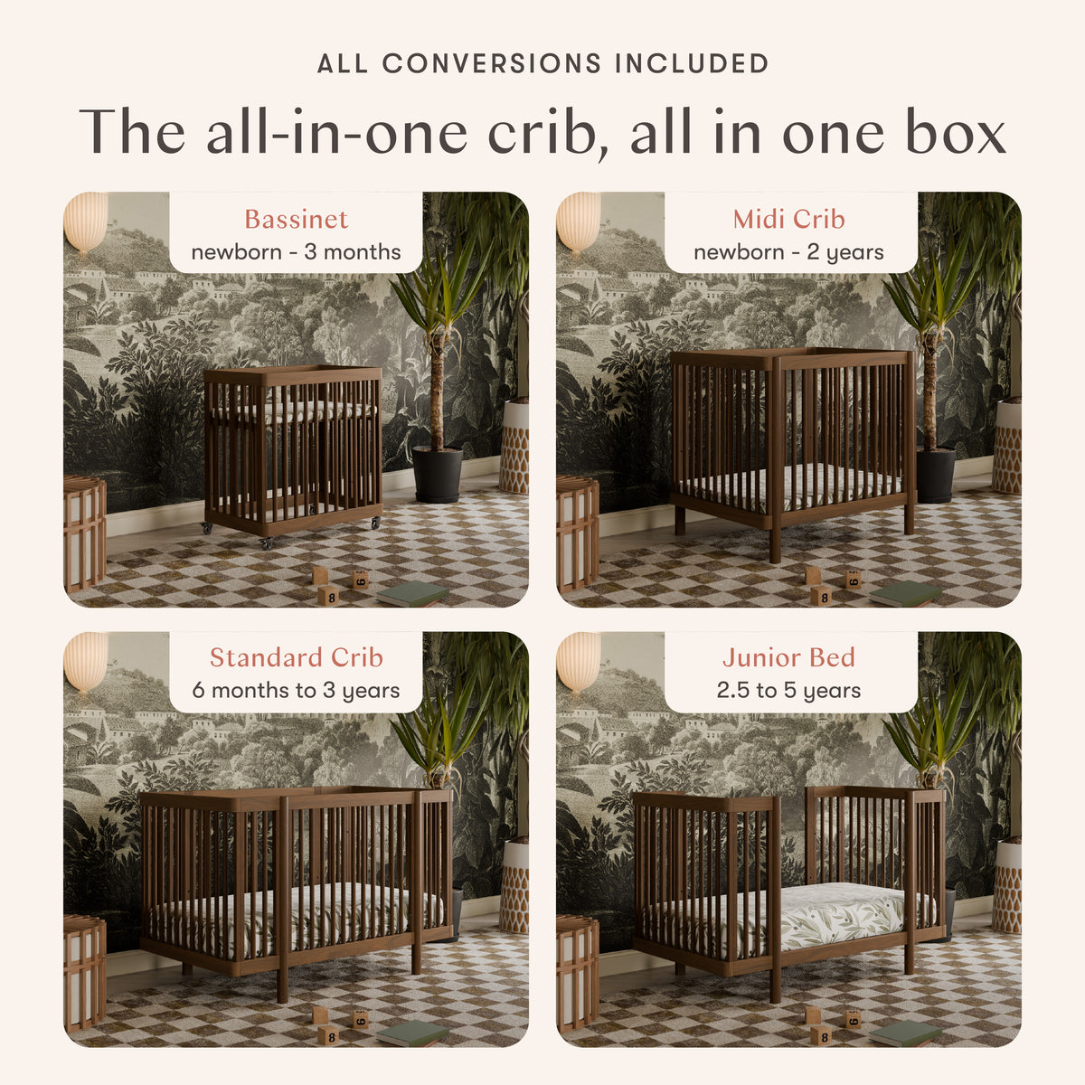Pogo 8-in-1 Convertible Crib with All-Stages Conversion Kits in Natural Walnut