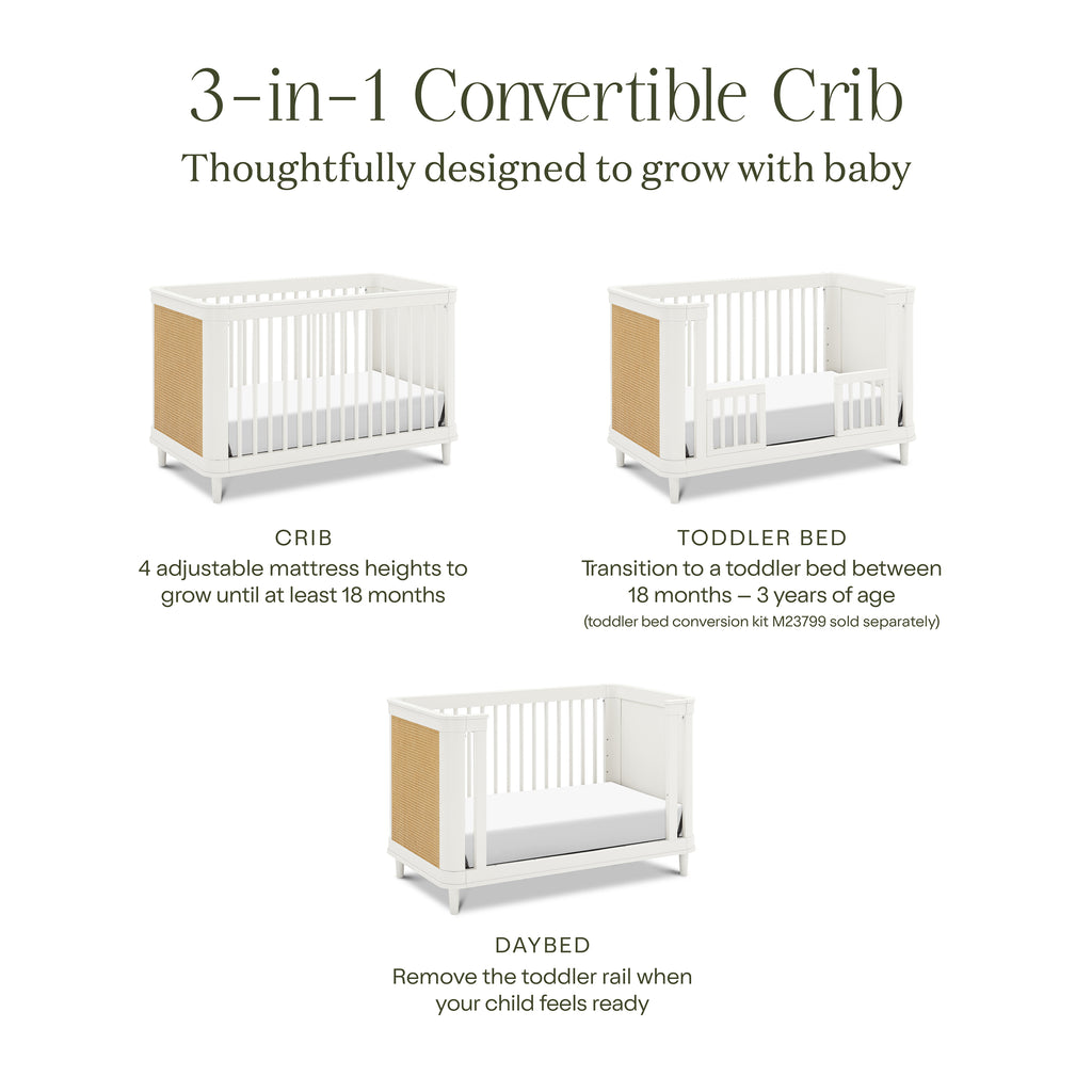 Marin with Cane 3-in-1 Convertible Crib in Warm White & Honey Cane