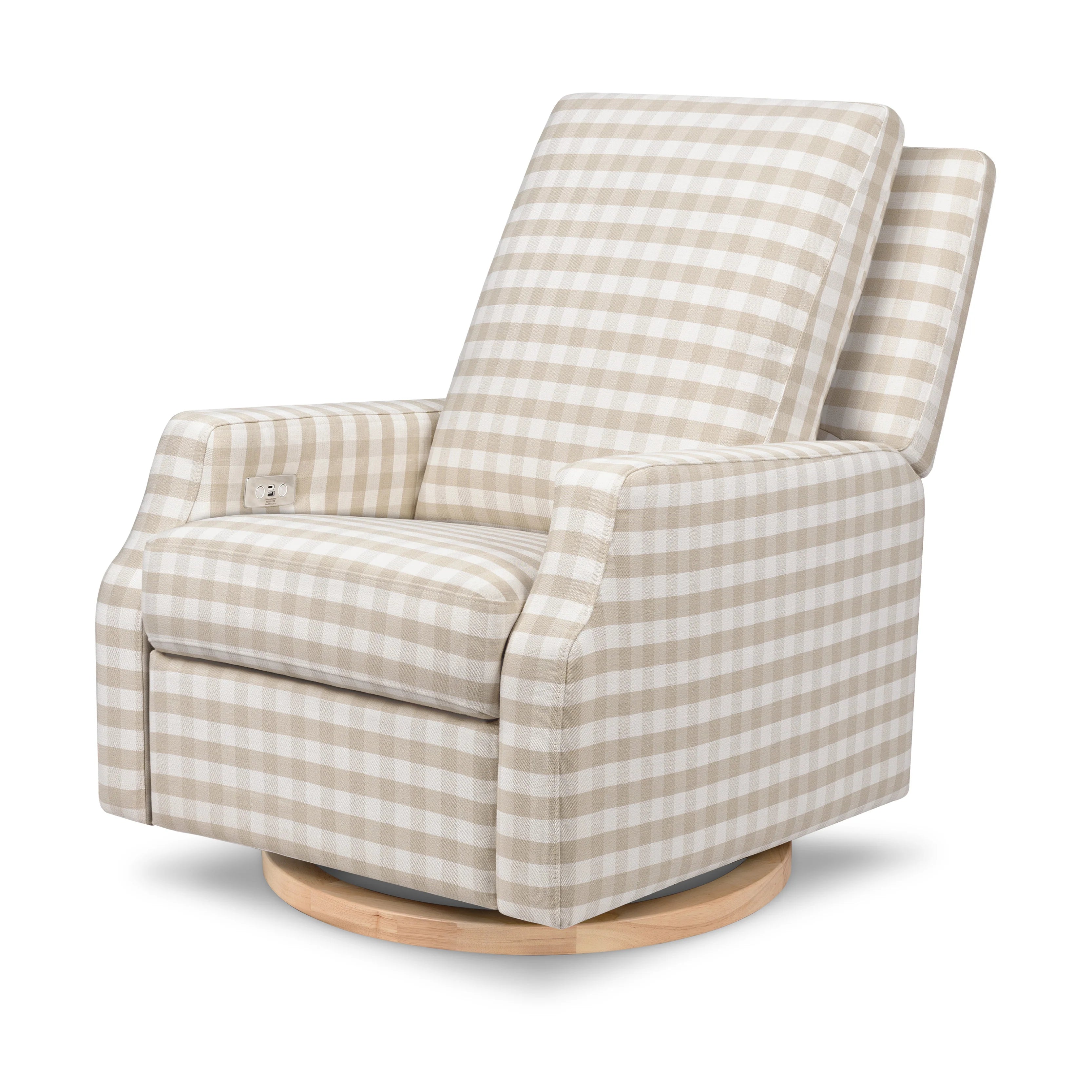 Crewe Electronic Recliner and Swivel Glider in Tan Gingham with Light Wood Base