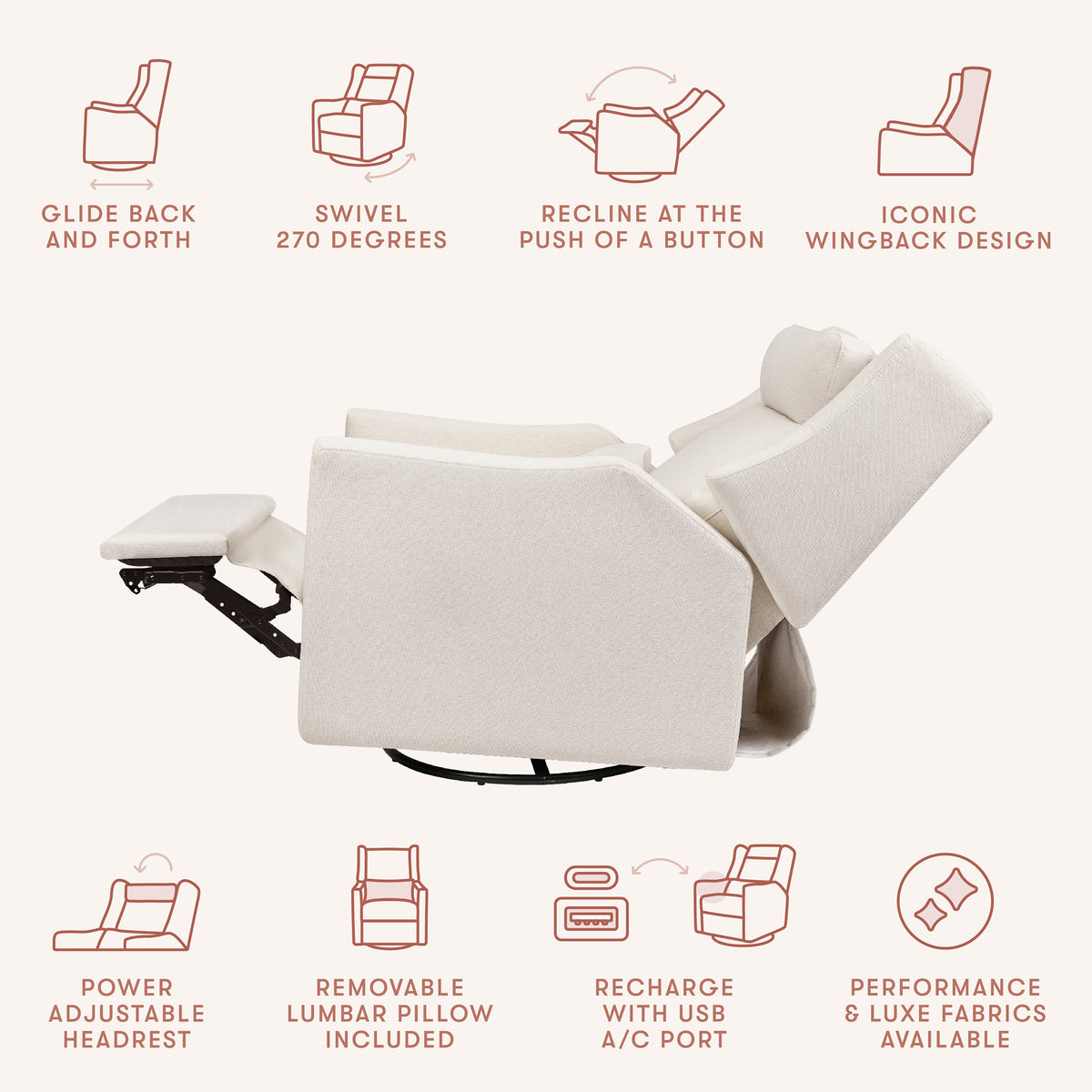 Kiwi Plus Power Recliner and Swivel Glider with Power Adjustable Headrest and USB Port in Performance Cream Eco-Weave