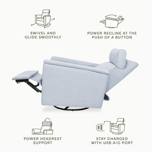 Willa Plus Power Glider Recliner w/ Power Headrest in Performance Blue Chambray Eco-Twill