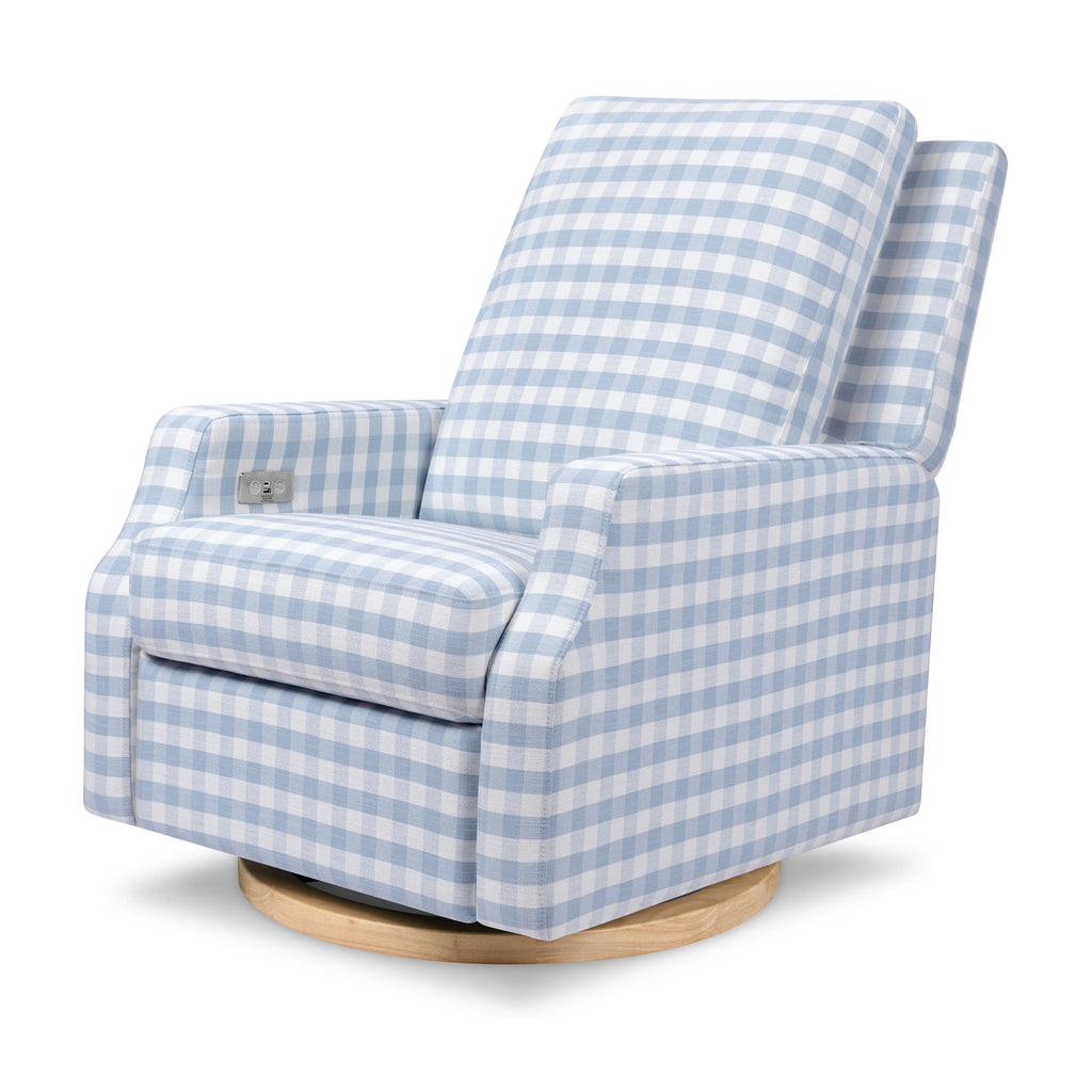 Crewe Electronic Recliner and Swivel Glider in Blue Gingham with Light Wood Base