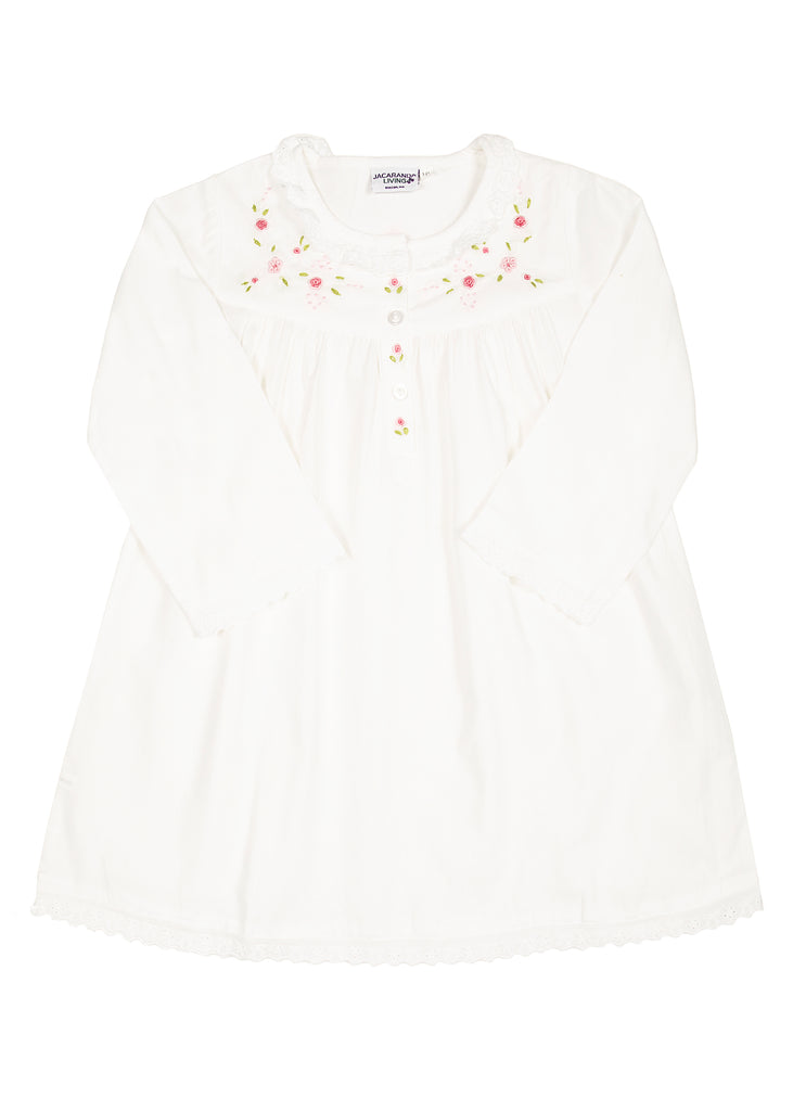 Ruby White Cotton Dress with Embroidered Pink Roses