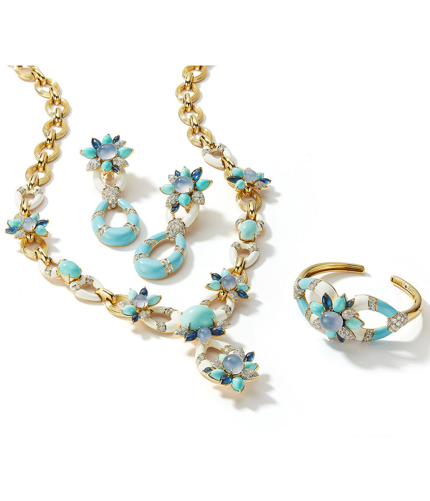 Asheville Earrings in Light Blue Enamel, Turquoise, and Diamonds