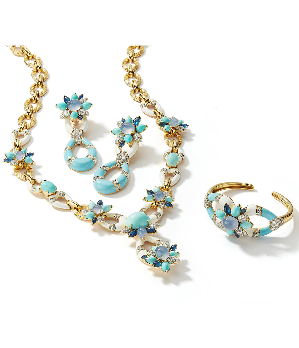 Asheville Earrings in Light Blue Enamel, Turquoise, and Diamonds