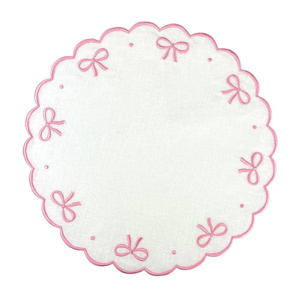 luxury placemat Swiss Linen white placemat with pink embroidery and bow motif