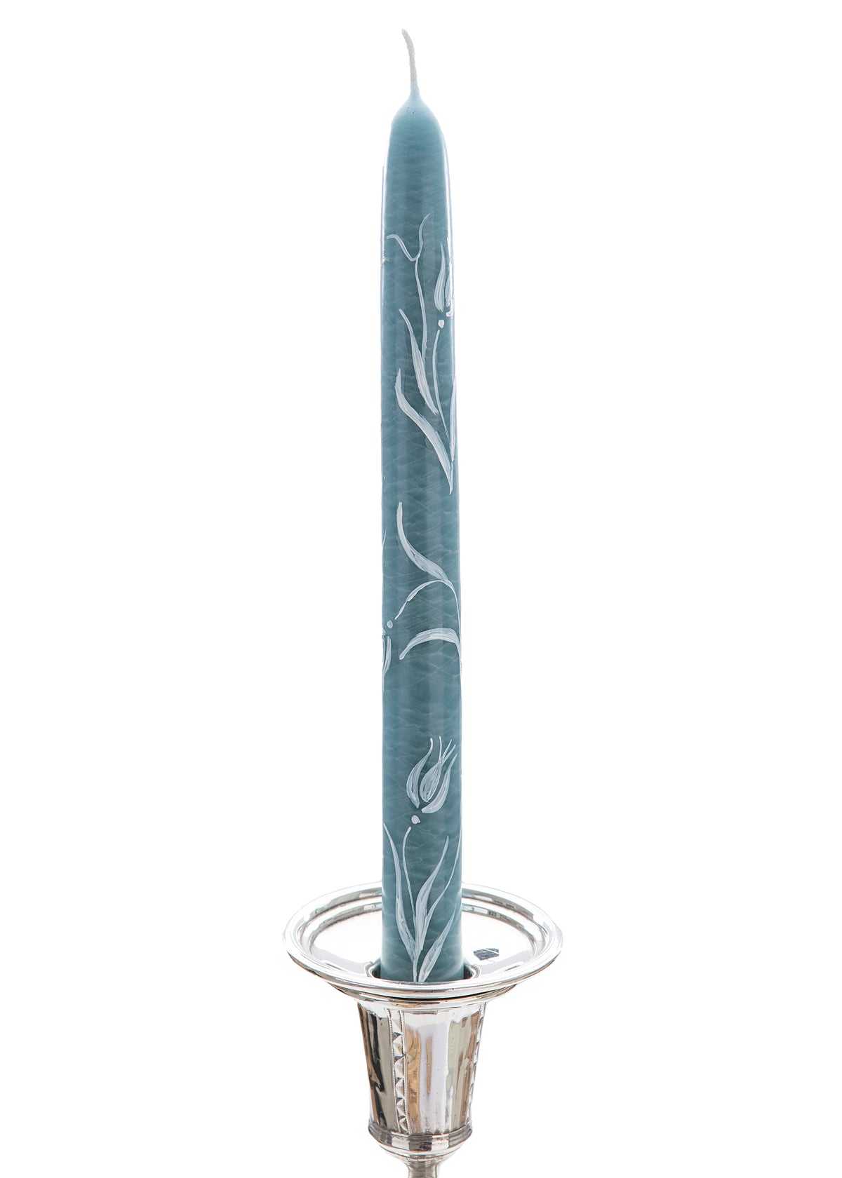 Dusty Blue Tulip Hand-Painted Taper Candles, Set of Two