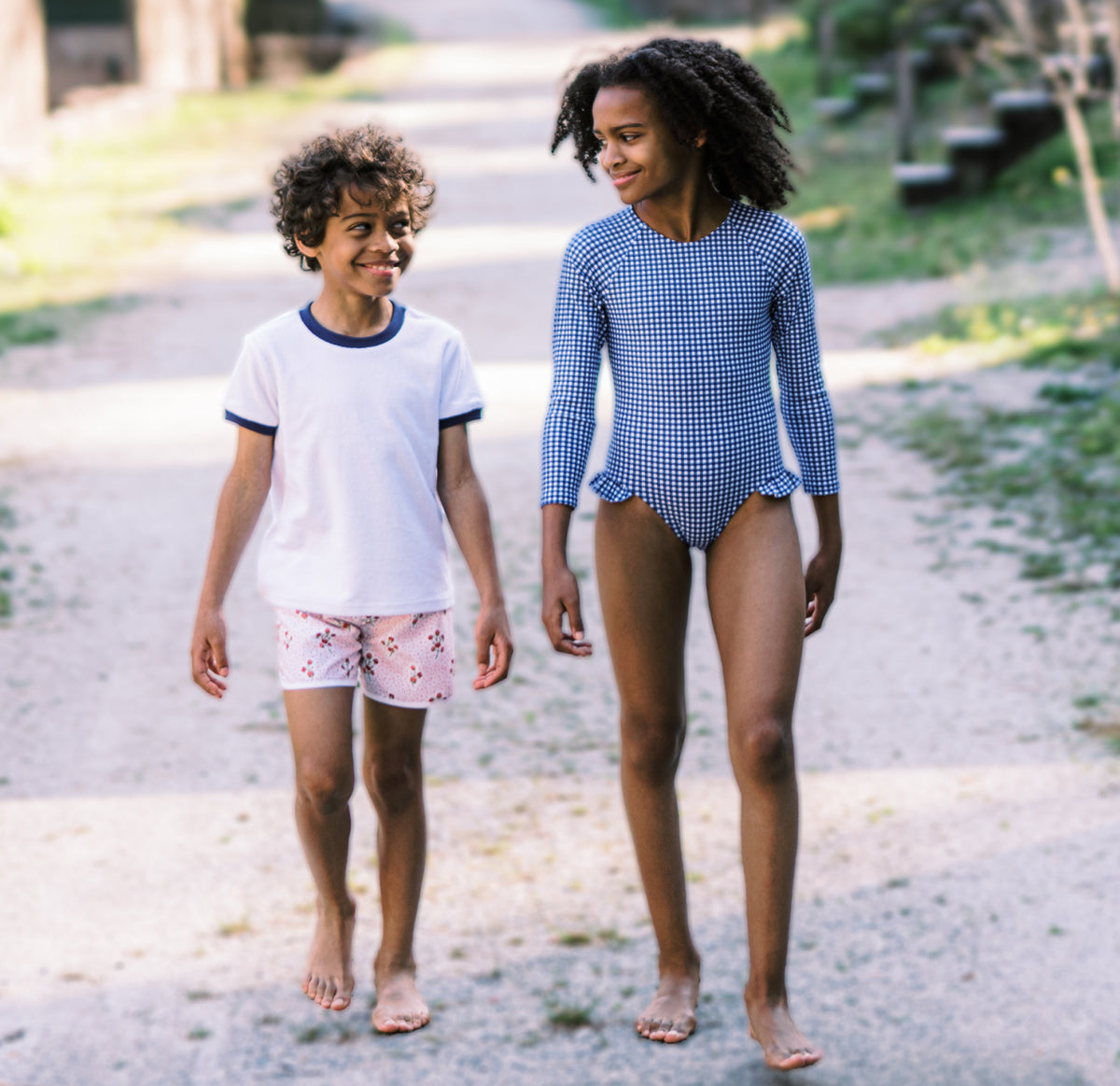 Girls Navy Gingham Rashguard One Piece