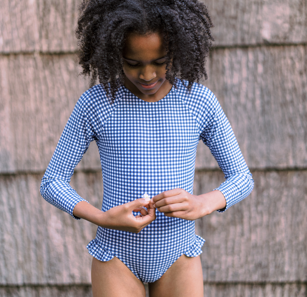Girls Navy Gingham Rashguard One Piece