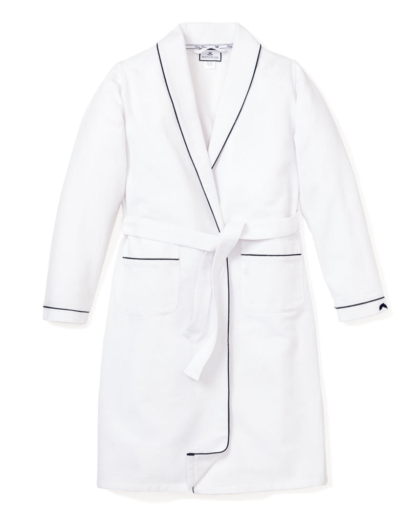 Men’s White Flannel Robe with Navy Piping