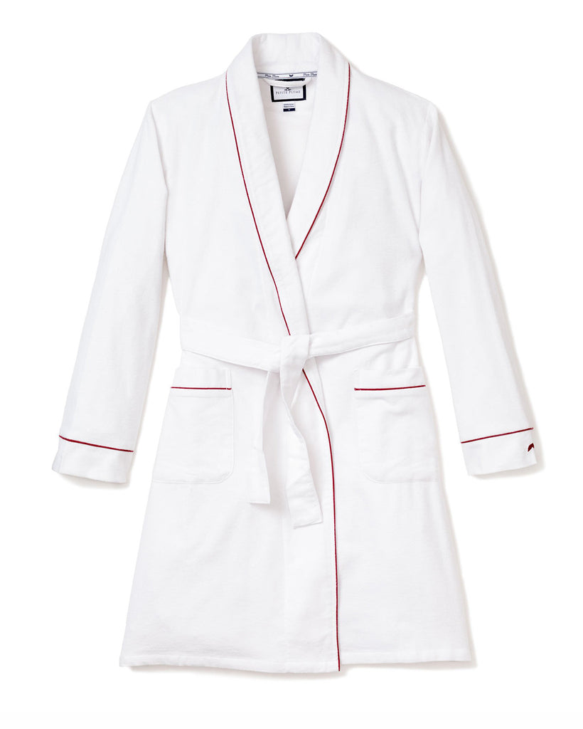 Men’s White Flannel Robe with Red Piping