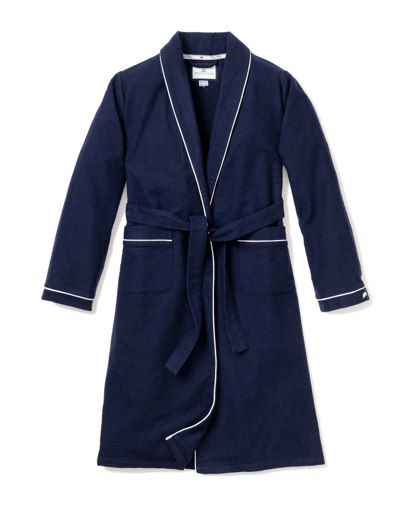 Women’s Navy Flannel Robe with White Piping