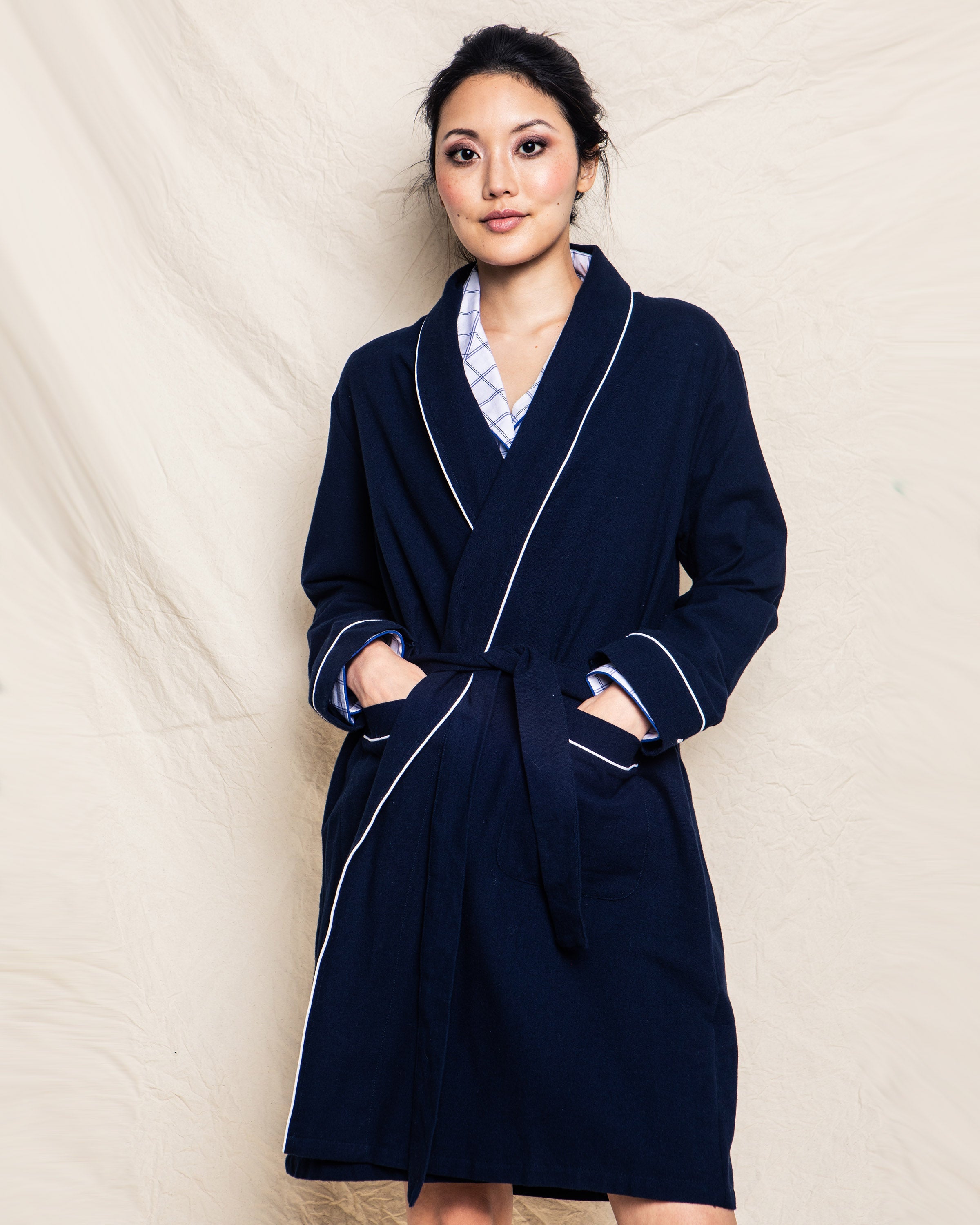 Women’s Navy Flannel Robe with White Piping